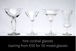 hire cocktail glasses starting from €50 for 50 mixed glasses